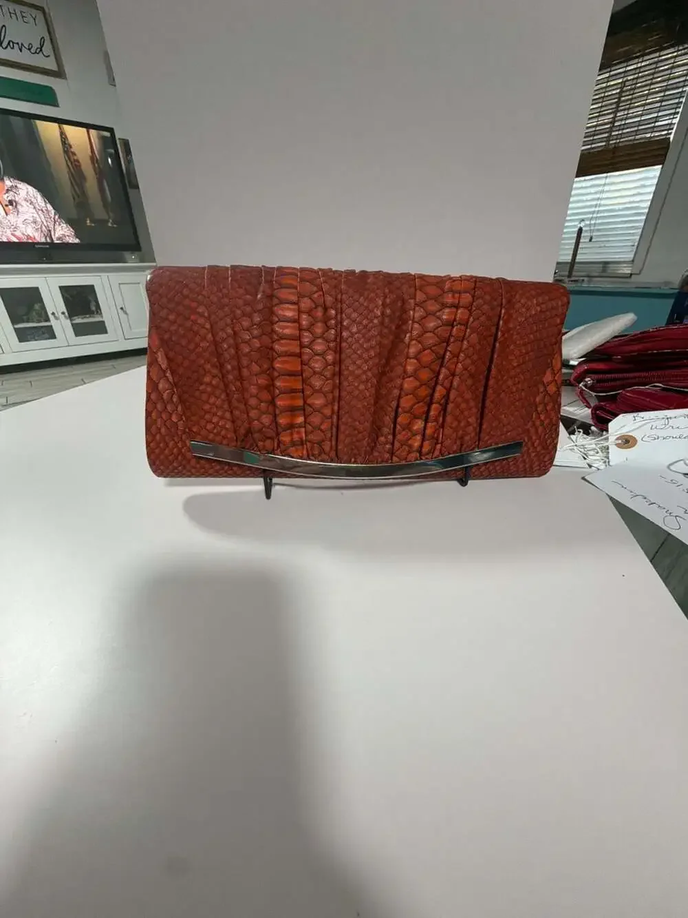 Orange Pleated Faux Snakeskin Evening Clutch with Silver Tone Hardware